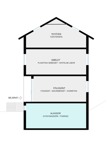 Medicina Klinika Hévíz Ady utca 5 - Épület metszet - alagsor fodrász, masszázs.